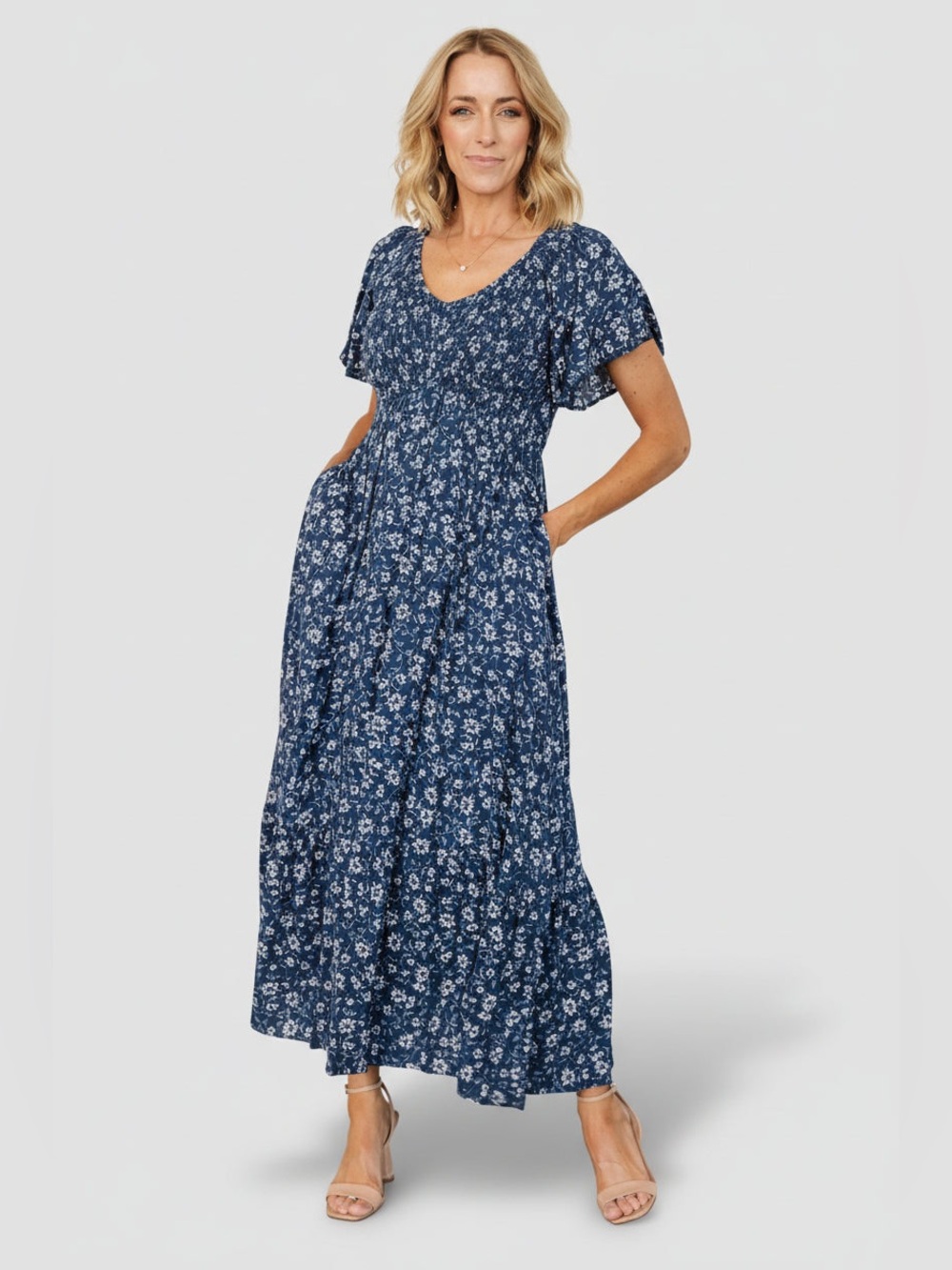 Balticborn Blue Floral Maxi Dress with Smocked Waist